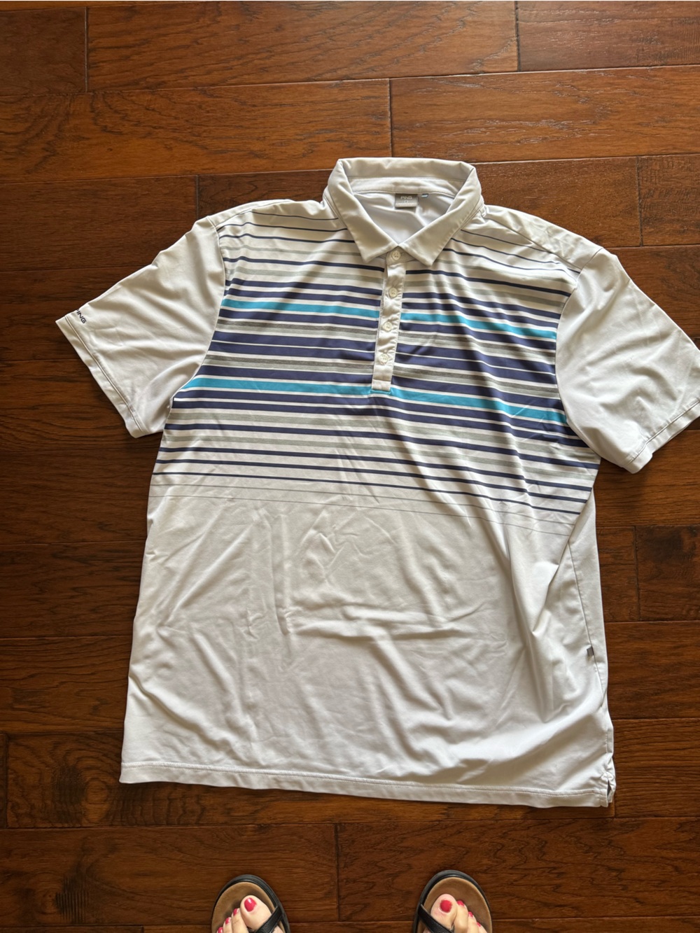 Ping White Polo with Blue and Teal Stripes